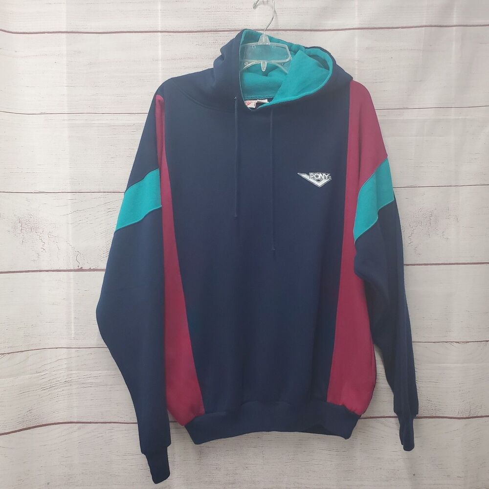 VTG Pony Color Block Hoodie Size Large Unisex 80s  Navy Blue Aqua Magenta